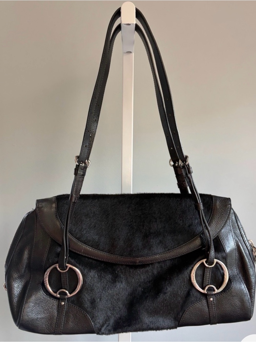Vintage DKNY Y2K Black Leather & Haircalf Shoulder Bag. H 7.5 -W 15